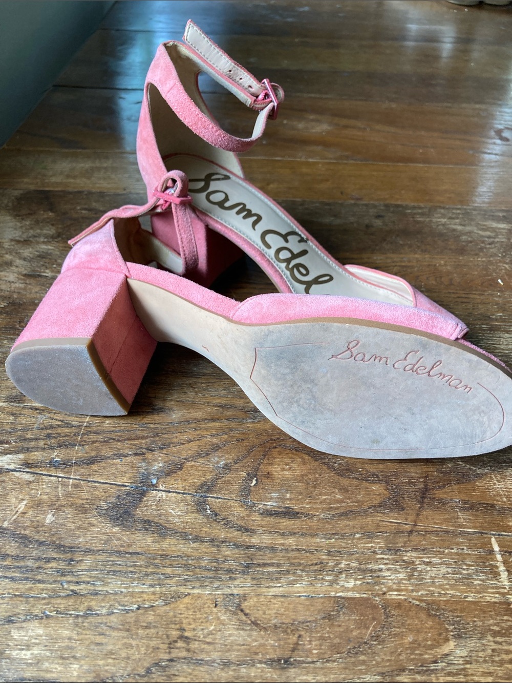 Sam Edelman Coral Pink Suede Ankle-Strap Block Heels - Picture 3 of 4